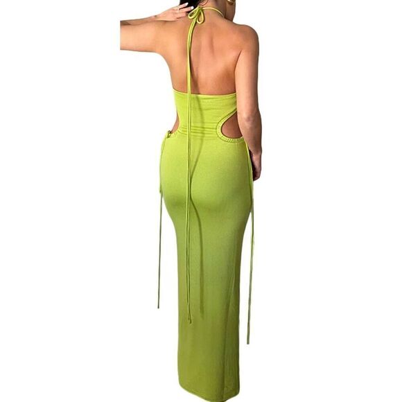 Belle MEDIUM Green Women's Sexy Halter Neck Hollow Out Maxi Dress Y2K Cutout Wai - Picture 2 of 10